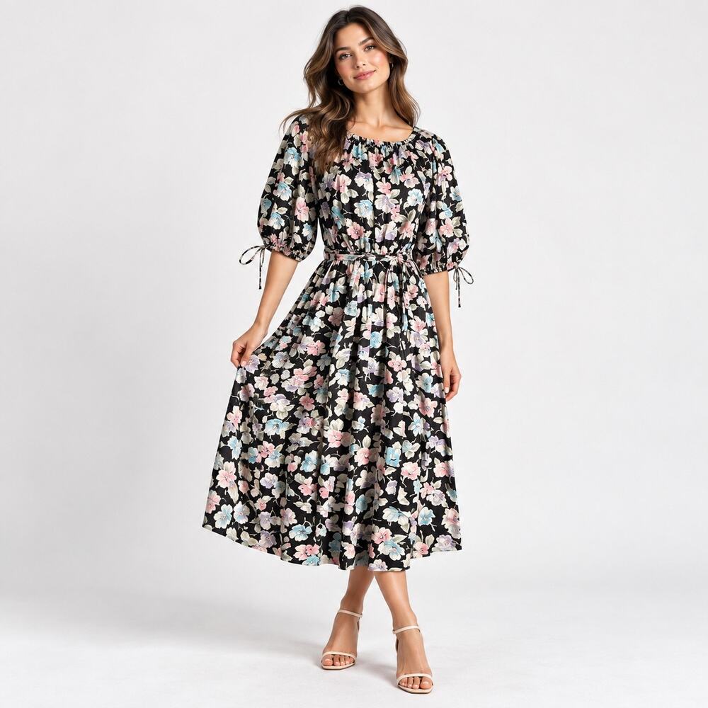 Vintage Hear Say Black Floral Midi Dress Puff Sleeve Cottagecore M